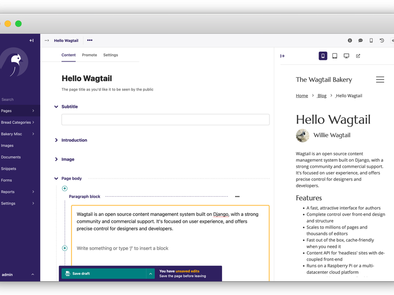 Wagtail screenshot